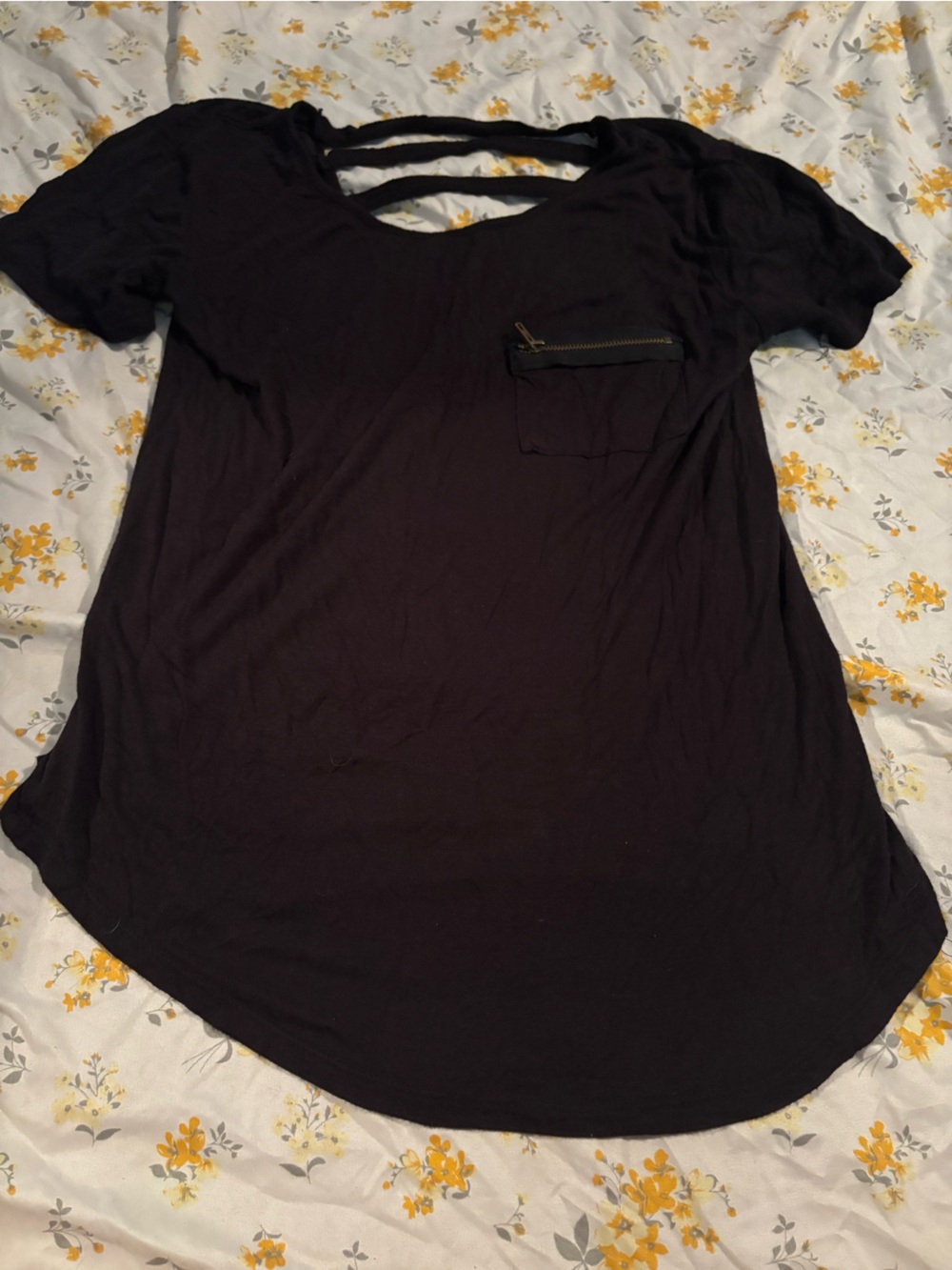 Women’s Black Short Sleeve Tee with Strappy Back and Zip Pocket